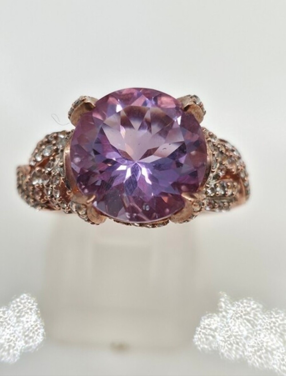 Superb Designer Signed Rose De France Amethyst And White Topaz Ring